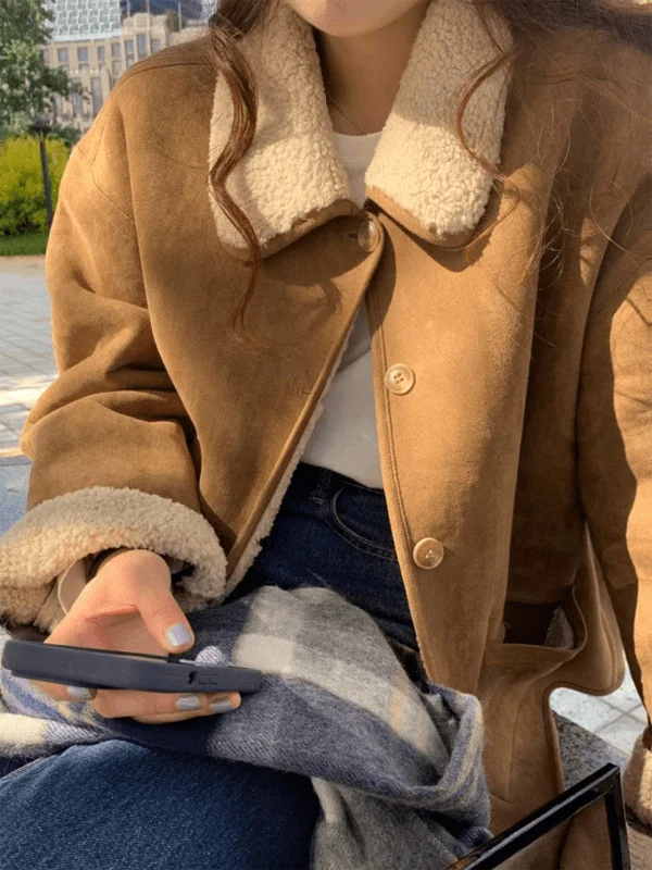 

Women's ort Thiened Fce Jaet Lamb Fur Vest Winter Warm Double-Sided Wear Straight Cut Long Sve Color Coat