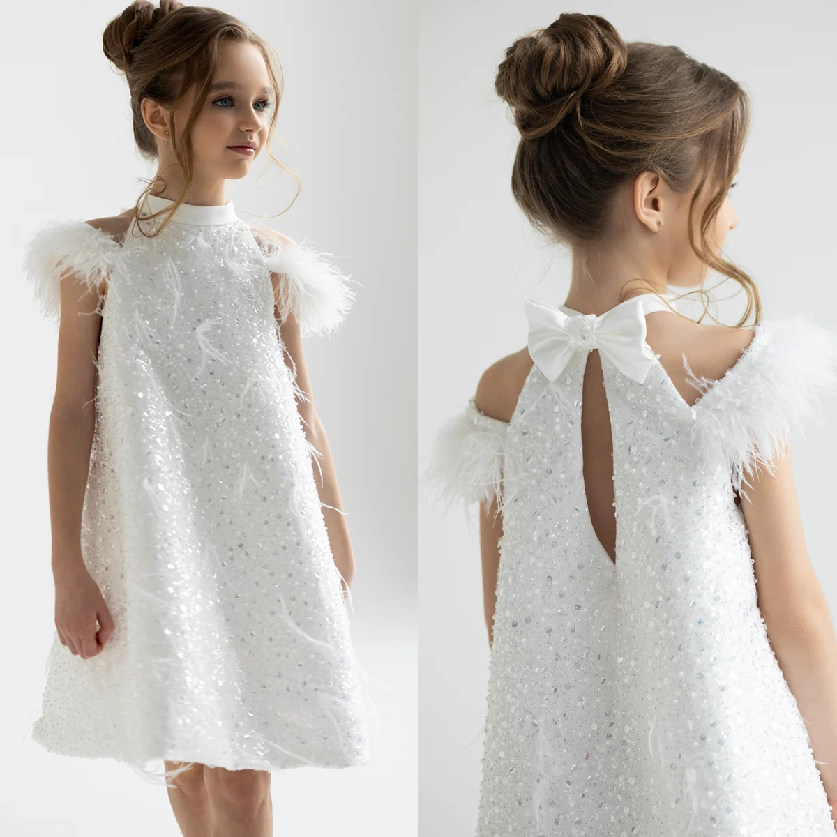 

Белые платья с цветочным узором для девочек с блестками и перьями на свадьбу, синие, розовые платья для девочек на день рождения, платья для первого причастия