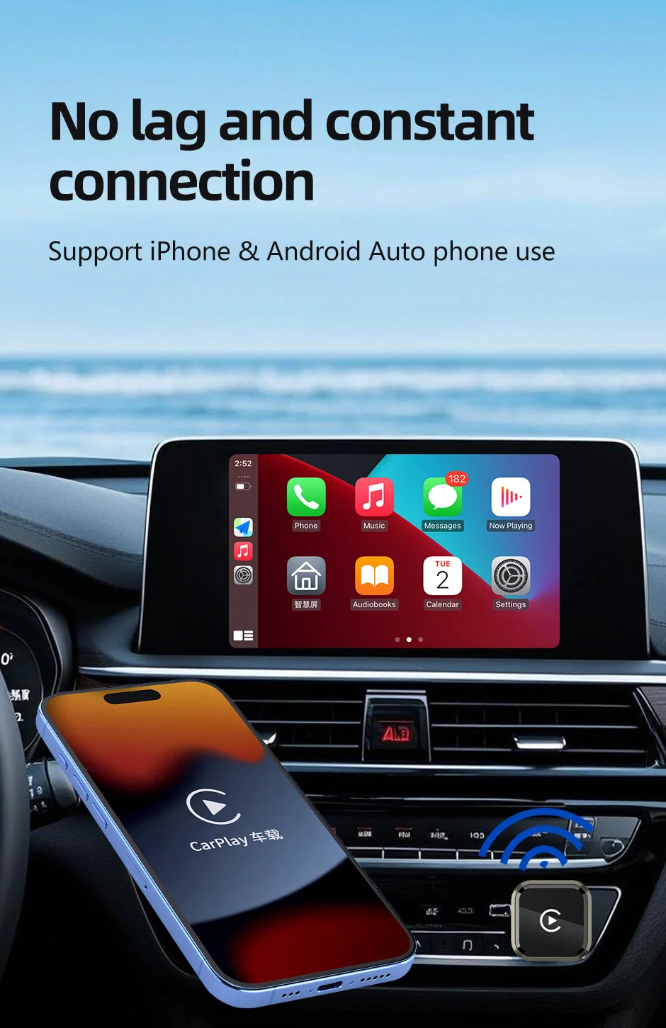 2 in1 Wired to Wireless CarPlay Adapter Plug & Plug Auto Connect Converts for Wired Cars Compatible for iPhone & Android-Black