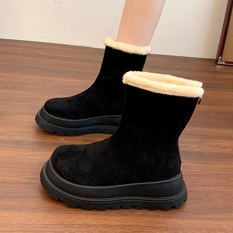 الفراء النساء الثلوج حذاء من الجلد الشقق الجلد المدبوغ أحذية منصة شتاء دافئ 2025 موضة قصيرة أفخم أحذية قطنية العلامة التجارية الجديدة Mujer Botas #5