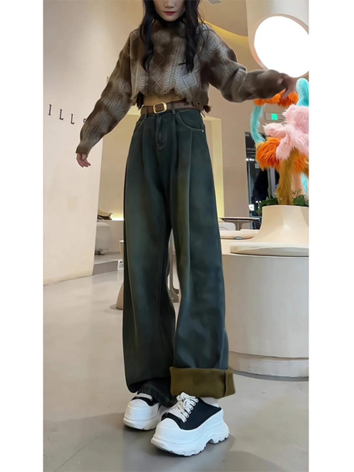 

plus Size American Retro Fce Lined Denim Jeans Women High Waist Loose Long Trousers Slimming Floor Length Pants