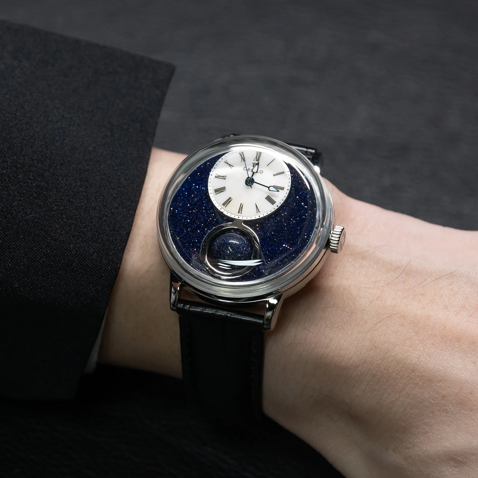 OBLVLO Mens 316L Stainless Steel Mechanical Automatic Watch Hollow Starry Sky 24-Hour Display Leather Strap Classic Wristwatch