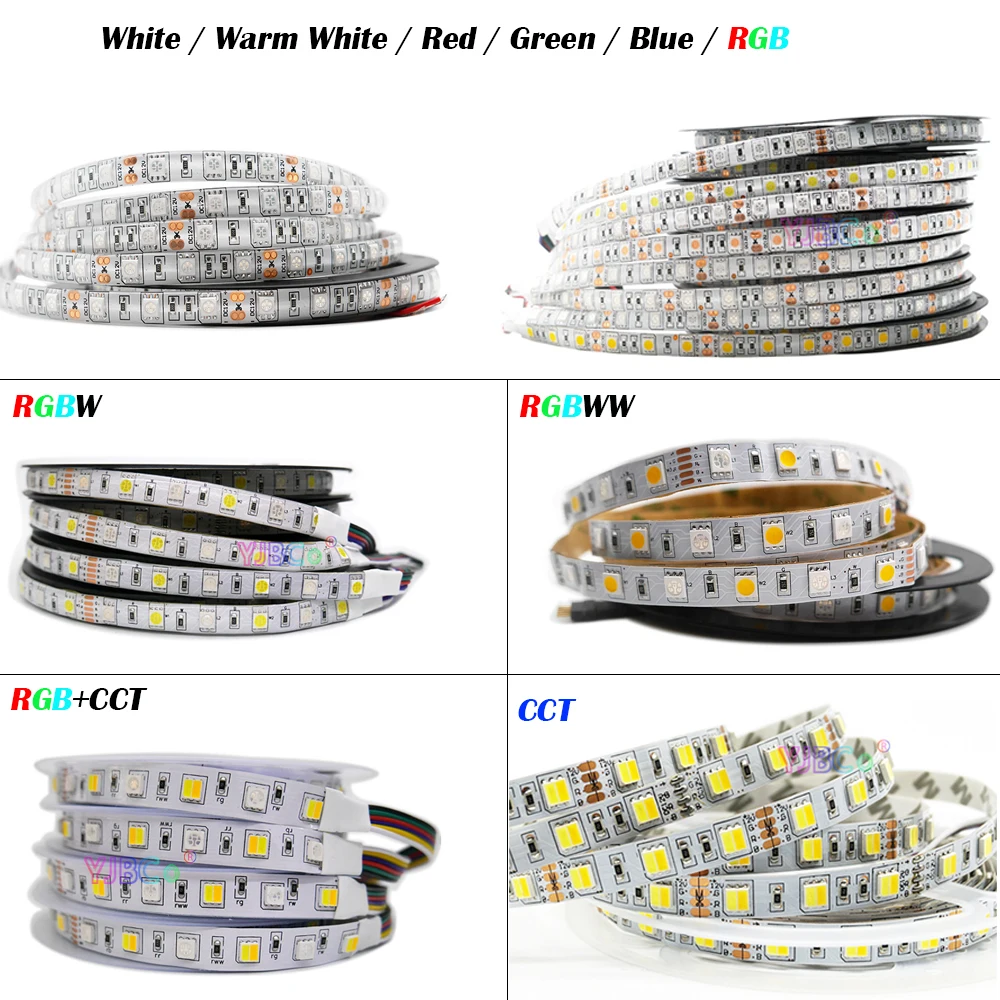 

5M CCT/White/Warm White/Red/Green/Blue/RGB/RGBW/RGBWW/RGBCCT Flexible LED Strip 60LEDs/m SMD 5050 Light Tape 12V 24V IP20/65/67