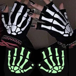 New Adult Cosplay Halloween Skeleton Skull Half Finger Punk Gloves Glow in the Dark Fingerless Stretch Knitted Winter Mittens