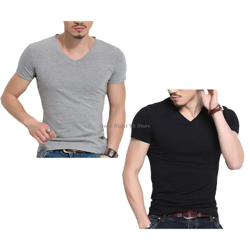 Mens Summer Short Sleeve Stretch Muscle T-Shirt V-Neck Casual Fitted Simple Color Pullover Top Athletic Workout