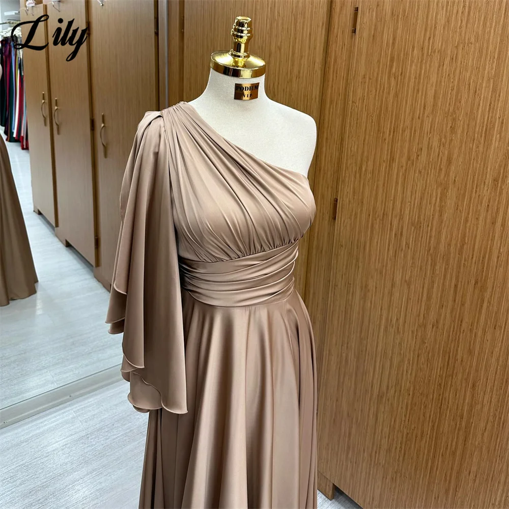 Lily Champagn Evening Dress One-Shoulder Flared Sleeve Satin Party Dress With Pleats Vestidos De Noche Floor Length Prom Dress