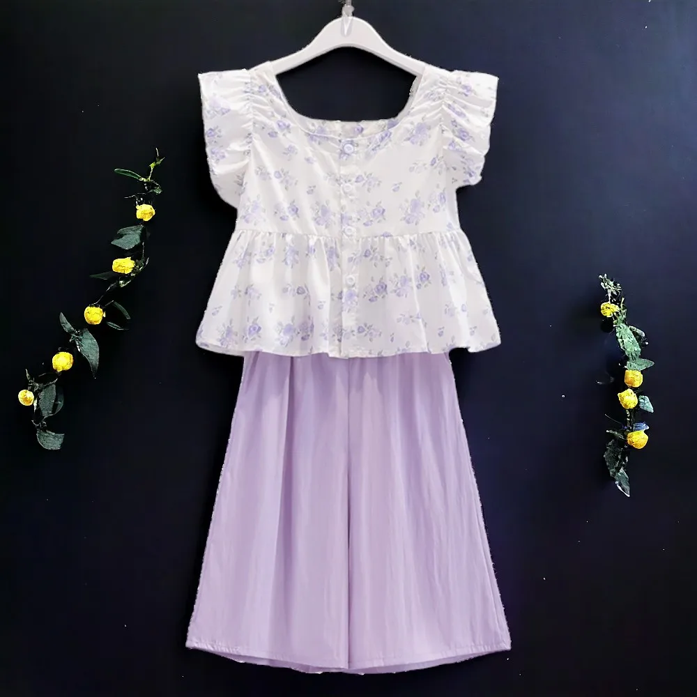 

Спортивный костюм для девочек, рубашка и брюки с фиолетовым цветочным принтом, повседневный комплект для детей 5, 7, 9, 11, 12 лет, на лето