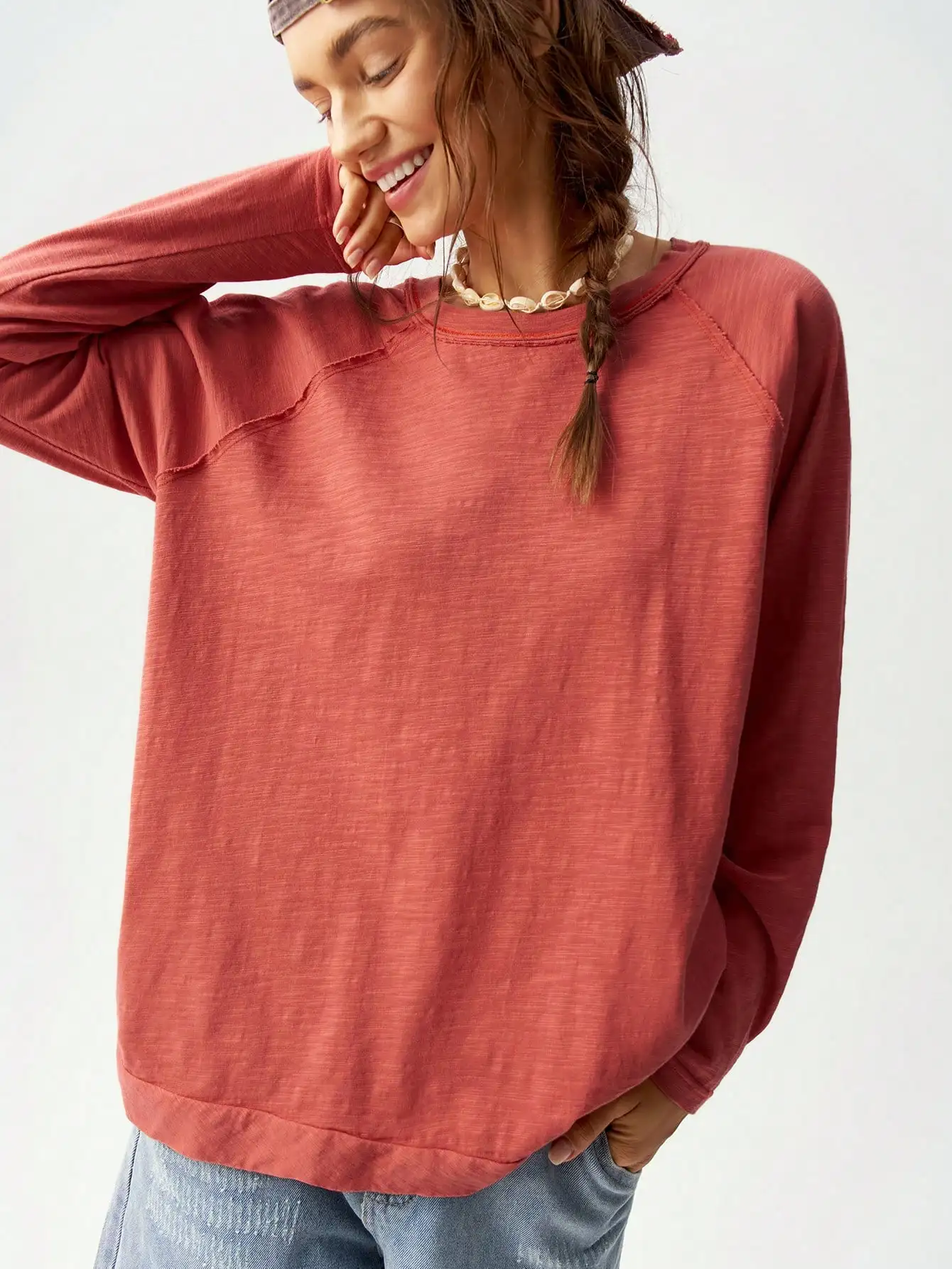 

Solid Color Loose Fit Long Sleeve Dolman T-Shirt for Women, Casual Round Neck Top