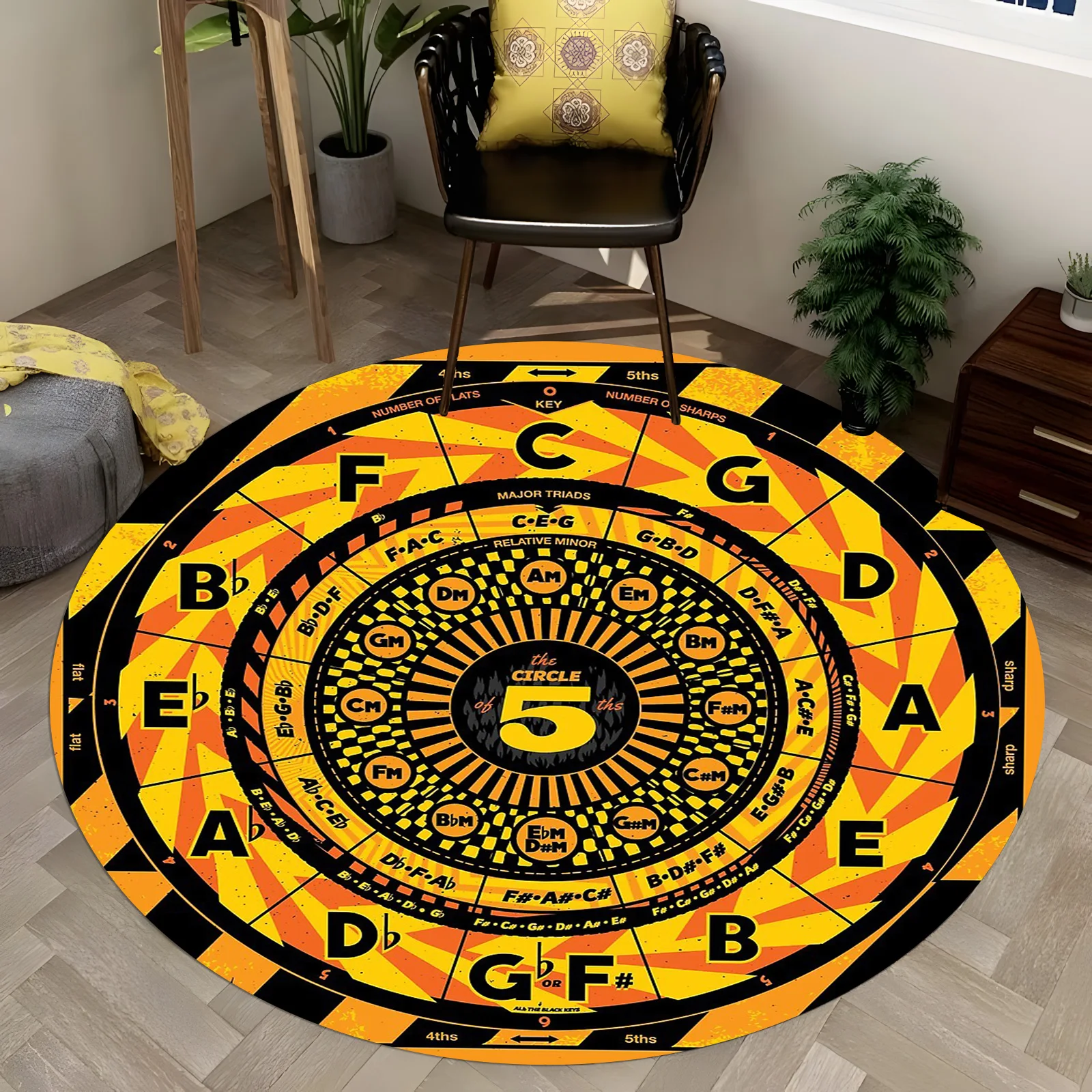 Music Theory Round Rug - Circle of Fifths Design with C D E F G A B Notes, Non-Slip Yellow & Black Carpet, Piano Teacher Gift