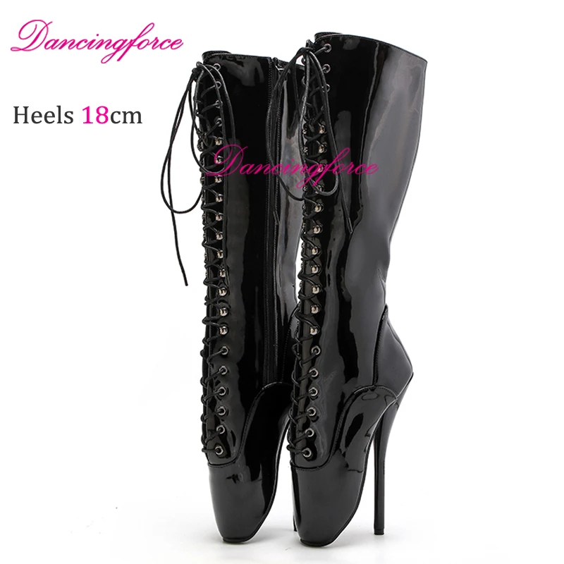 Dancingforce Stiletto Black Patent 18cm Sexy Fetish Ballet Shoes Extreme High Heel Women Knee High Ballet Boots Lace Up