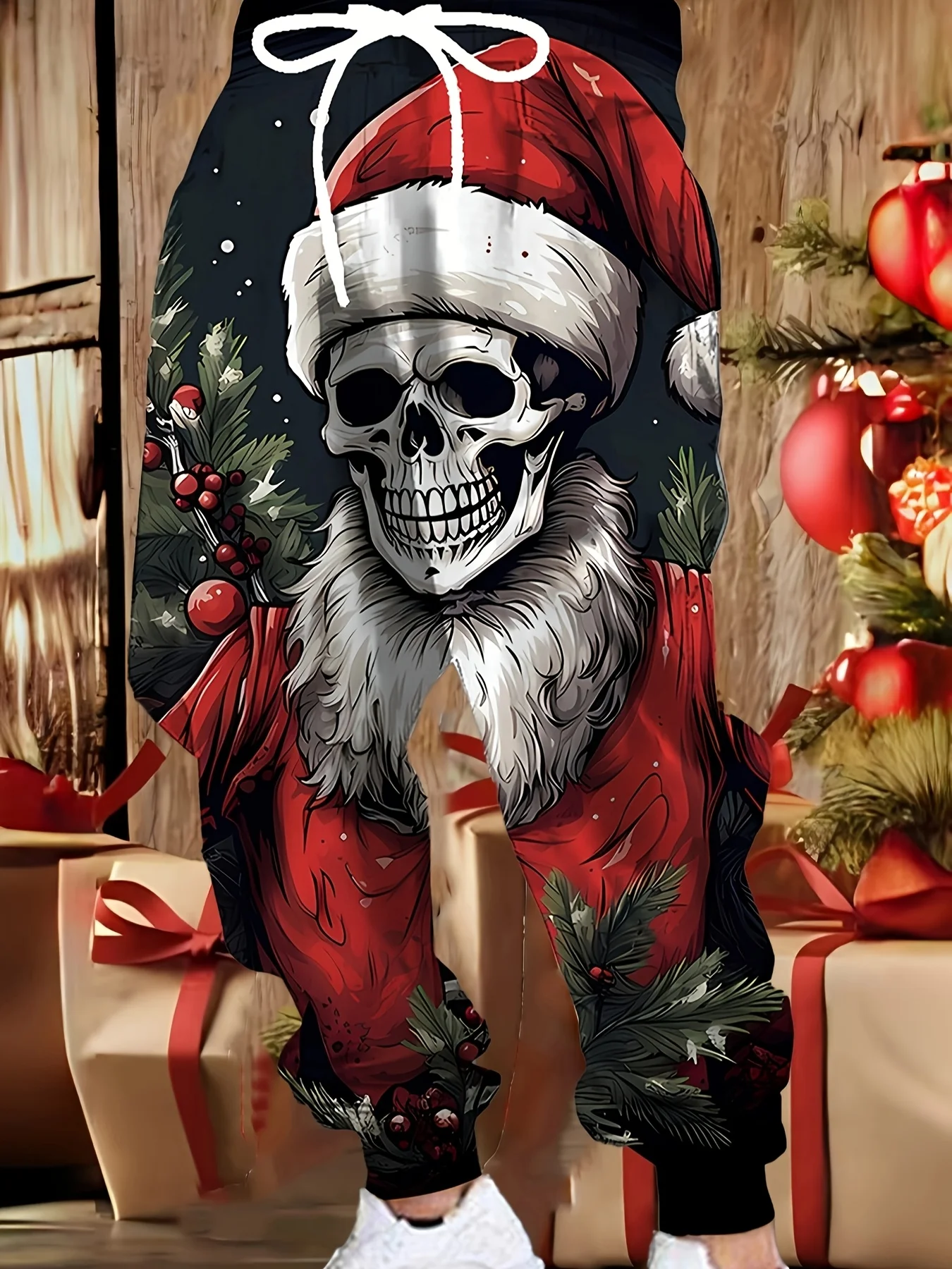 กางเกงวอร์มผู้ชายลายหัวกะโหลกคริสต์มาส ปี 2025 ผ้าโพลีเอสเตอร์ ทรงสลิมฟิต สไตล์ลำลอง มีกระเป๋า เหมาะสำหรับใส่ในฤดูใบไม้ร่วง สตรีทแวร์