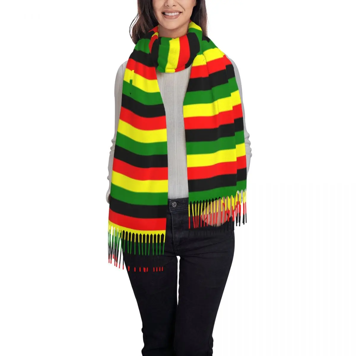 Rasta Colors Red Green Gold Bright Colored Striped Tassel Scarf Women Soft Jamaican Shawl Wrap Female Winter Fall Scarves