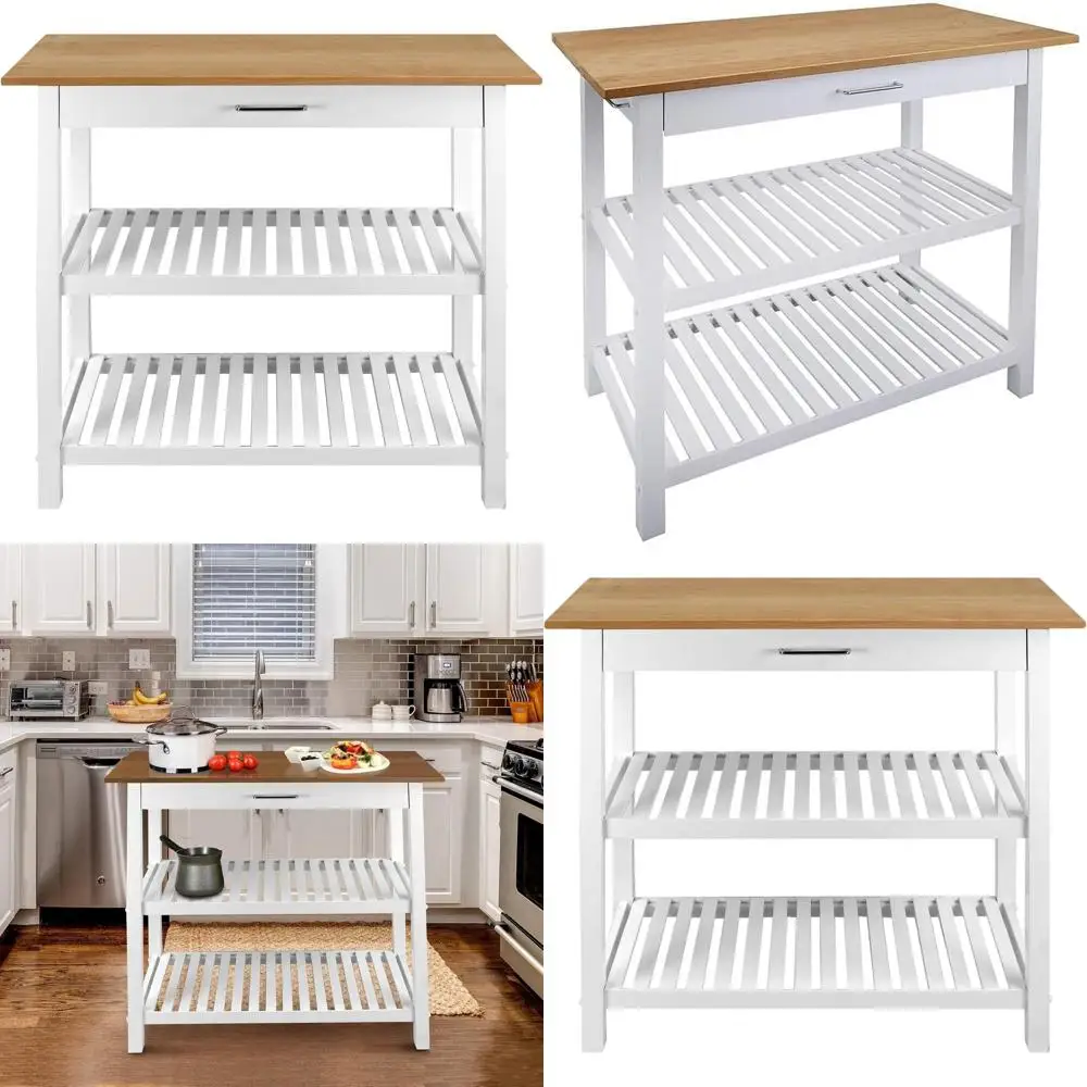 Natural Maple and White Multipurpose Kitchen Island with Drawer and Towel Bar