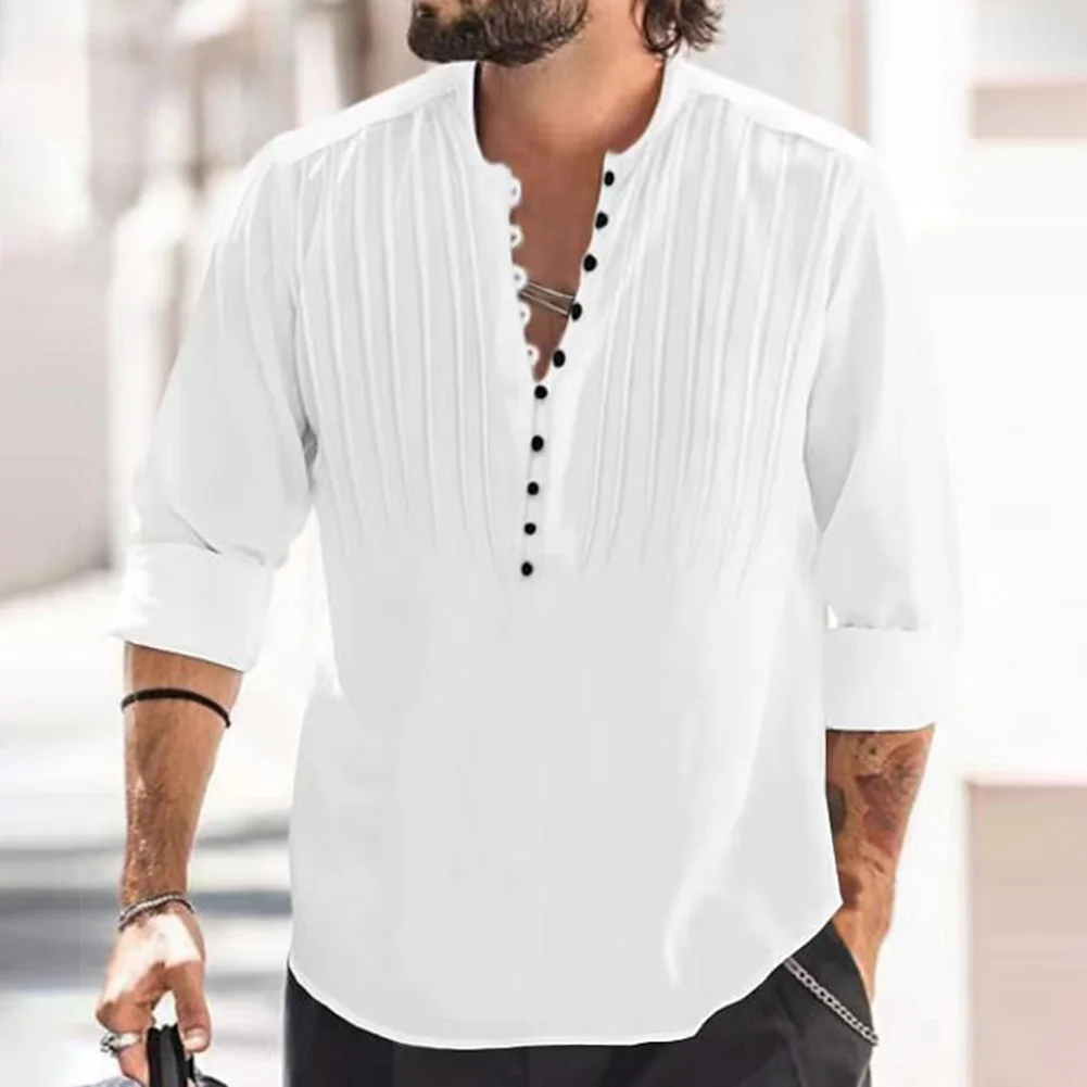 

Мужские повседневные рубашки с длинным рукавом с воротником-стойкой, дышащий хлопковый льняной топ, мужская винтажная рубашка, сплошной цвет