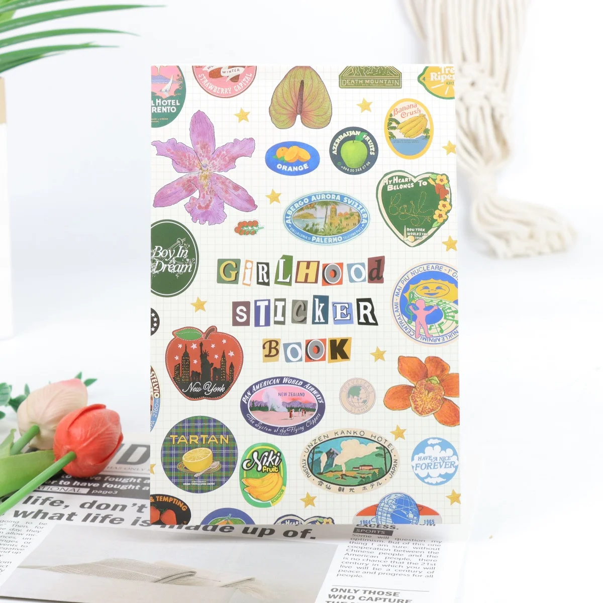 

Sticker Book-Entrance Tickets with Fruity Symbols and Pastel Letters, DIY Scrapbooking Journaling Manual Decoration