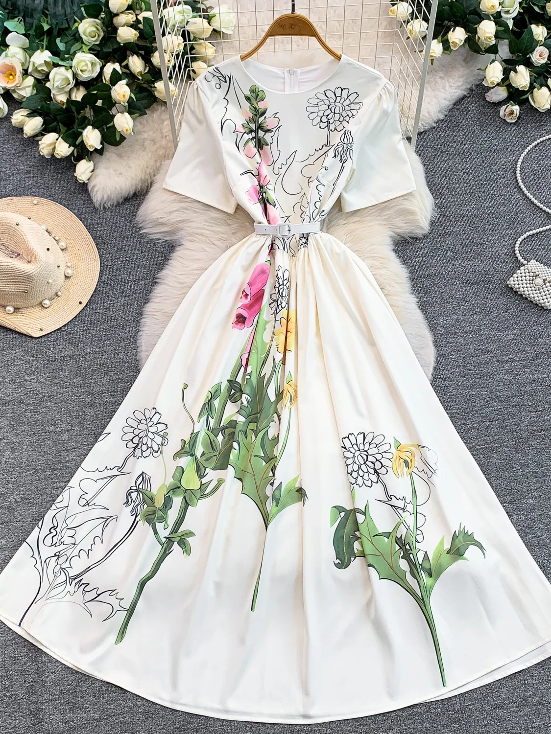Elegant Silk Satin Print round Neck Dress Women's Summer Waist Cinched Floor Length Skirt A-Line Dress Artistic Style