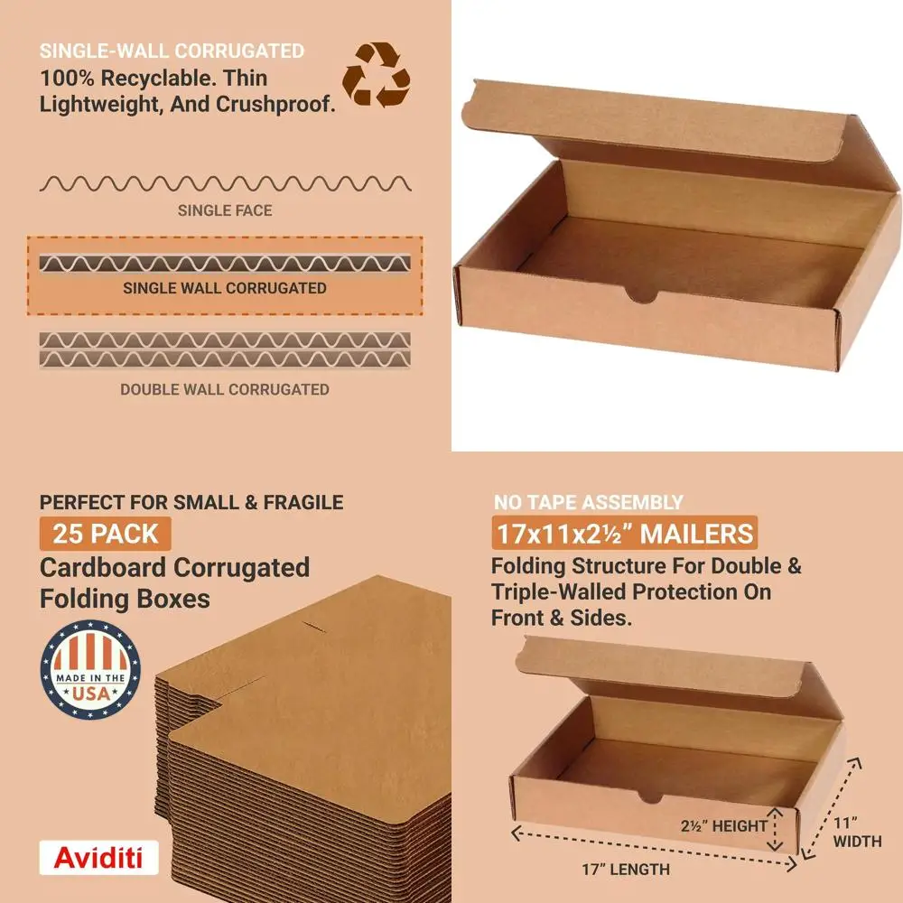 

25-Count Medium Cardboard Shipping Boxes, 17x11x2.5 Inches, Ideal for Packing, Moving, and Storage