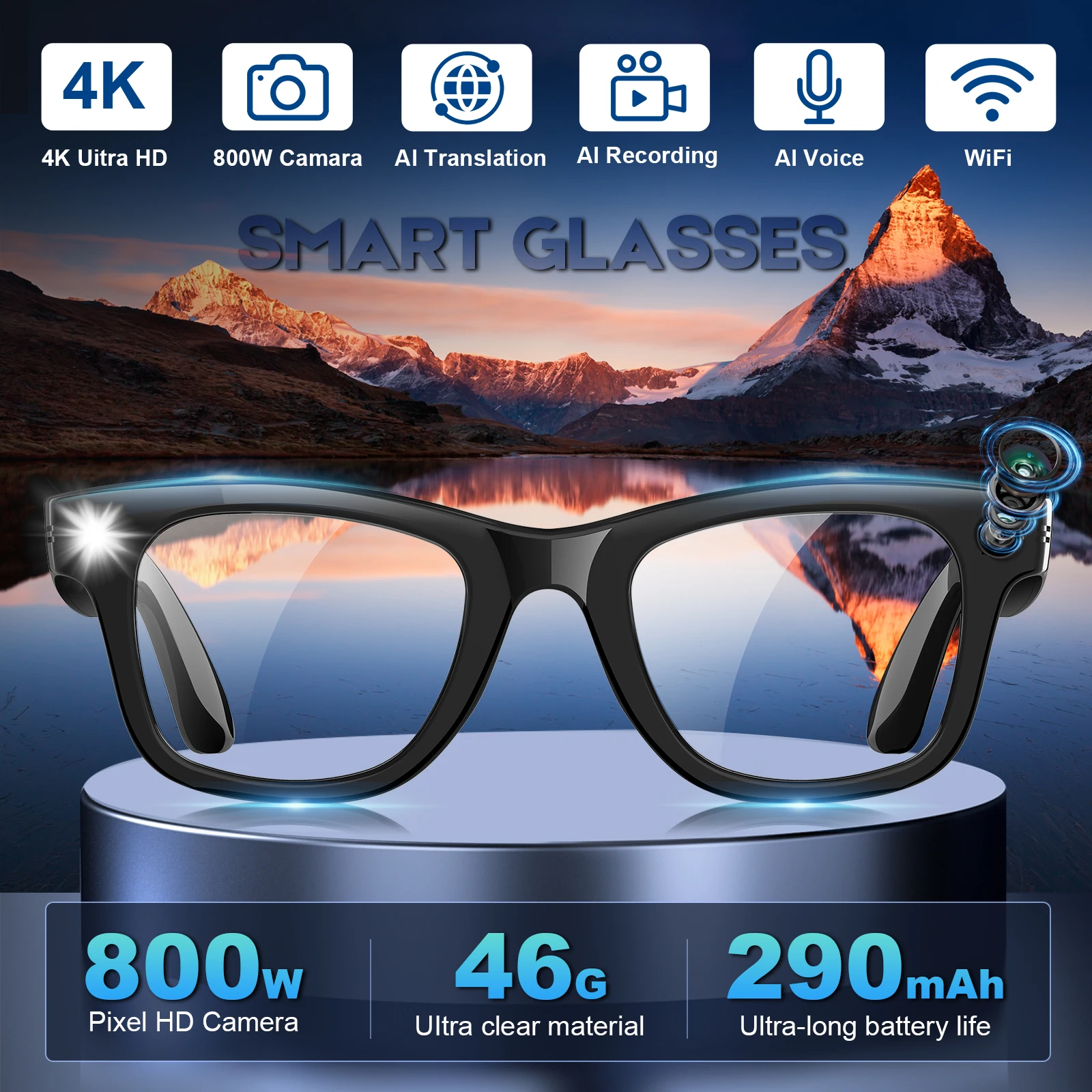 

Умная камера-очки с видео 8 МП, очки для мужчин с переводами языка, Bluetooth-вызовом и музыкой для мужчин и женщин.