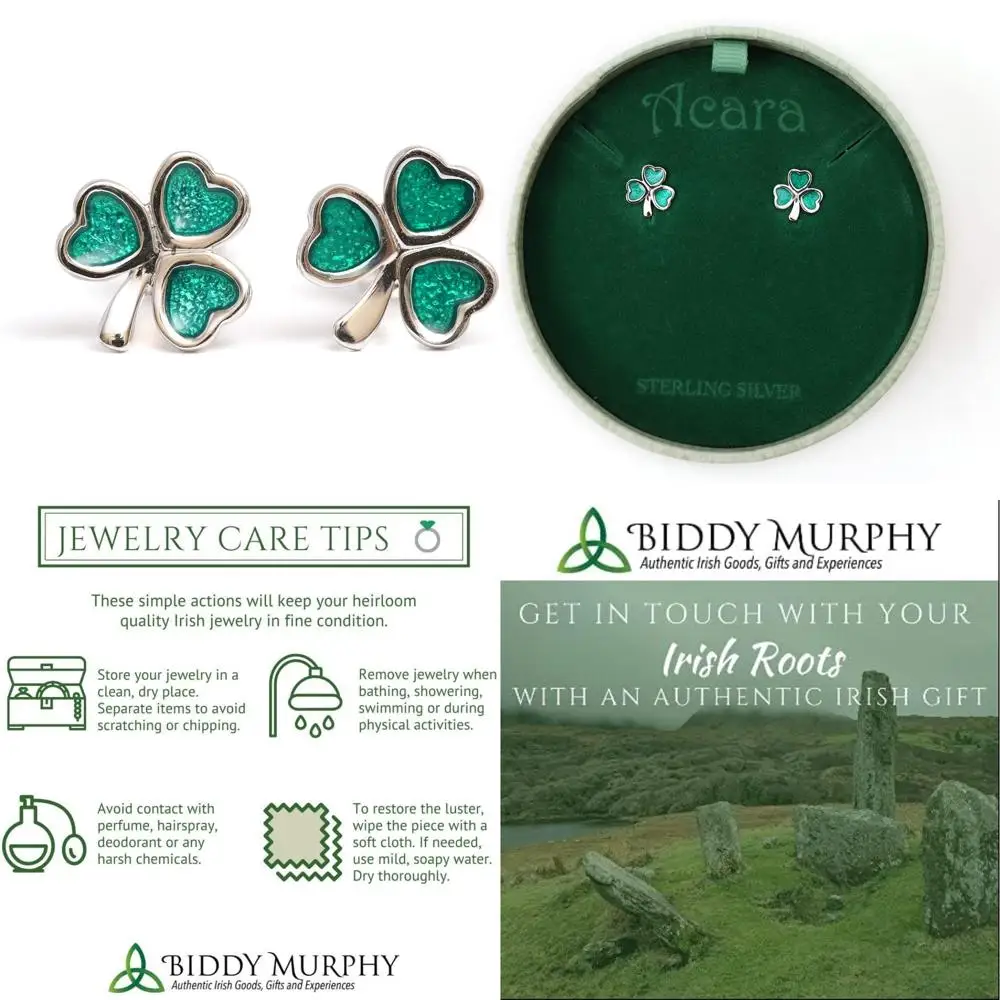 

Irish Celtic Green Enamel Three Leaf Clover Sterling Silver Earrings Women's Handmade in Ireland Shamrock Jewelry