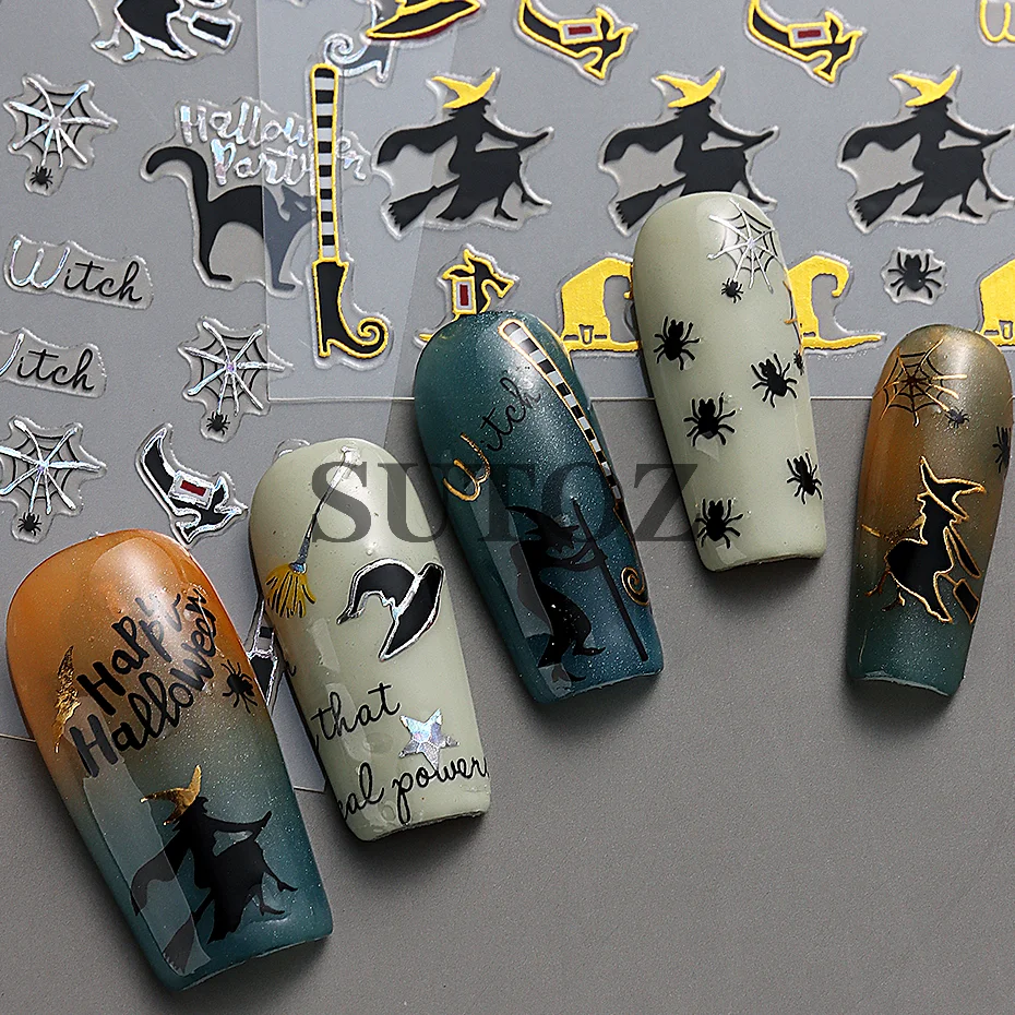 Embossed 3D Witches Nails Stickers Gold Black Witche Broom Boots Relief Design DIY Halloween Dark Style Manicure Decal CK-007