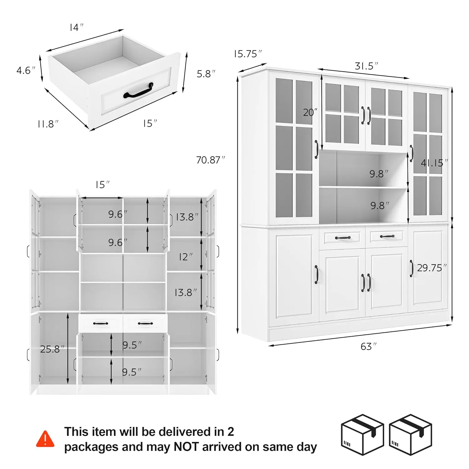 Kitchen Storage Cabinet Glass Doors 2 Drawers 5 Shelves Pantry Home Office Living Room 15.8