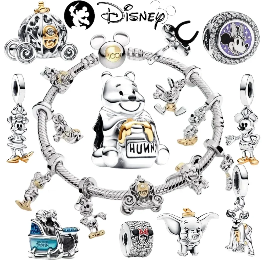 925 Sterling Silver MINISO Disney 100th Anniversary Mickey Minnie Dumbo Winnie The Pooh Dangle Charm Fit Pandor Bracelet