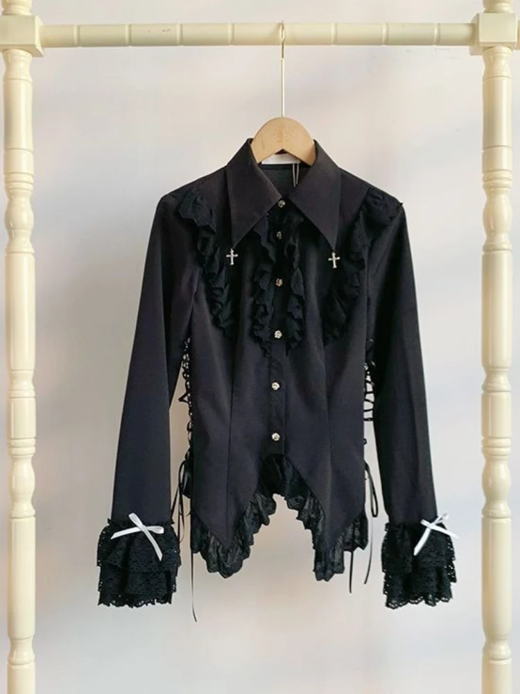 

Design High Street Vintage Lace Irregular Blouse Women Autumn Darkly Gothic Slim Lolita Shirt Female Elegant Chic Bow Outfits