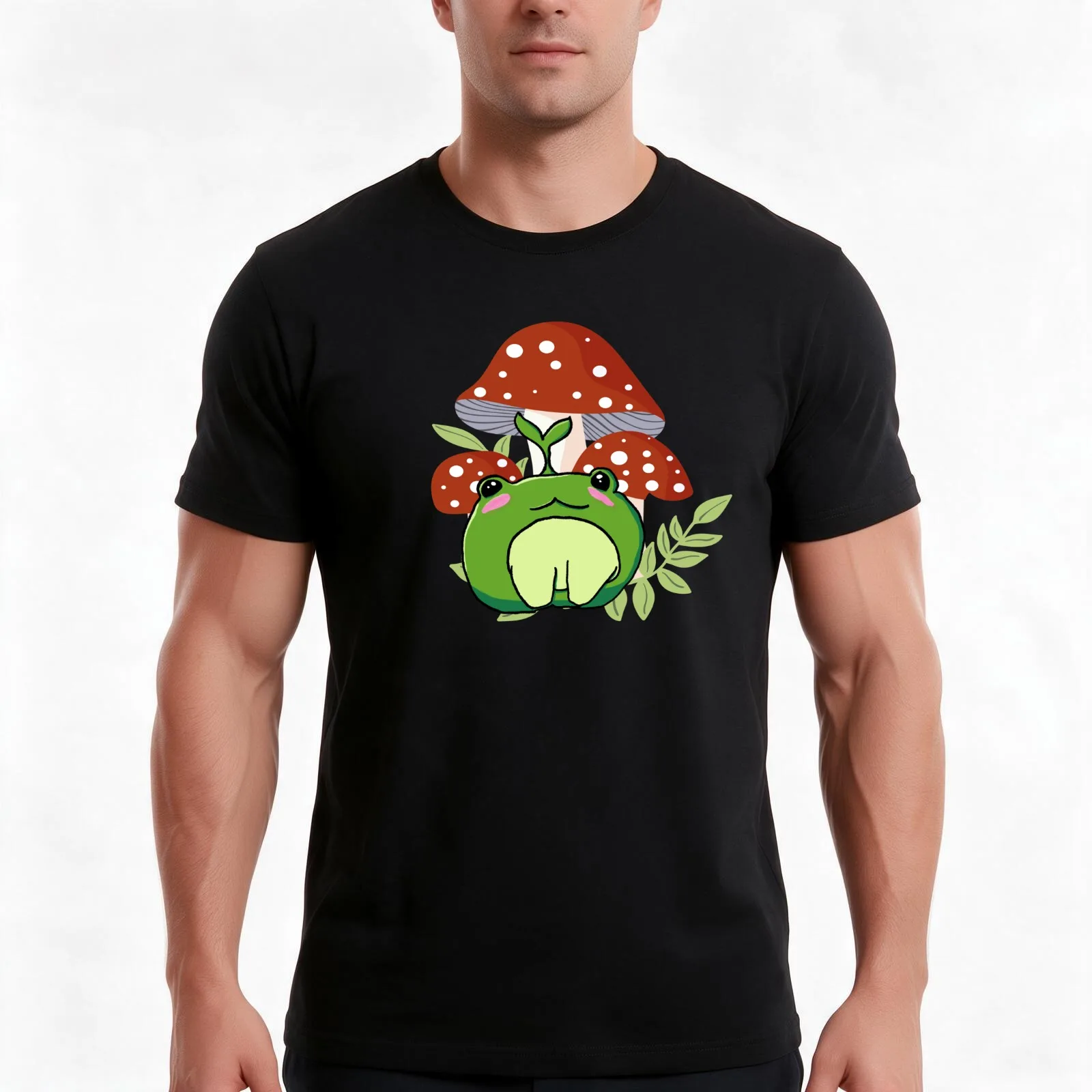 Kawaii Cottagecore Frog with Toadstools T-Shirt, Summer Casual Cotton Tee, Oversized Streetwear Tops, Vintage Graphic Print