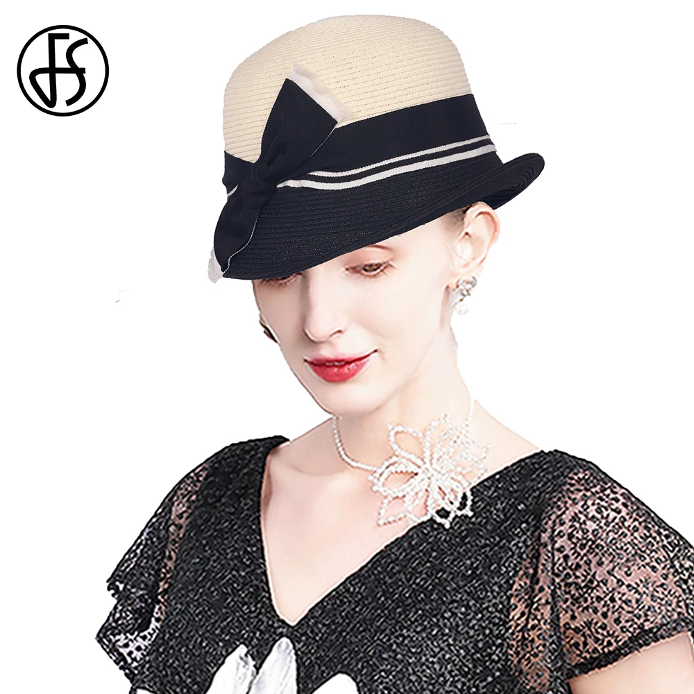 FS Black Beige Curved Brim Straw Bowler Hats For Women Elegant Ladies Formal Dress Bucket Hat With Bowknot Summer Sun Cap 2025