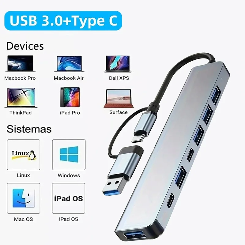Hub USB3.0 2 en 1, 7 ports, extension type C, adaptateur de transfert de données haute vitesse USB-C PD, pour PC portable, Macbook, accessoire