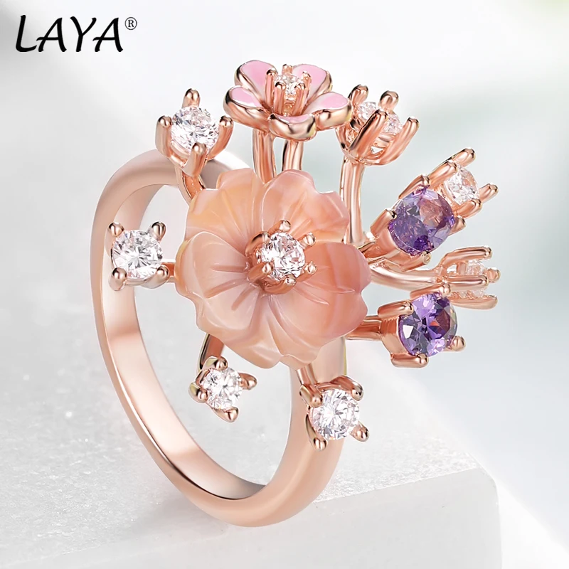 LAYA NEW Natural Shell Flower Ring 925 Sterling Silver Ring For Women Pomegranate Red Purple White Zircon Fashion Charm Jewelry