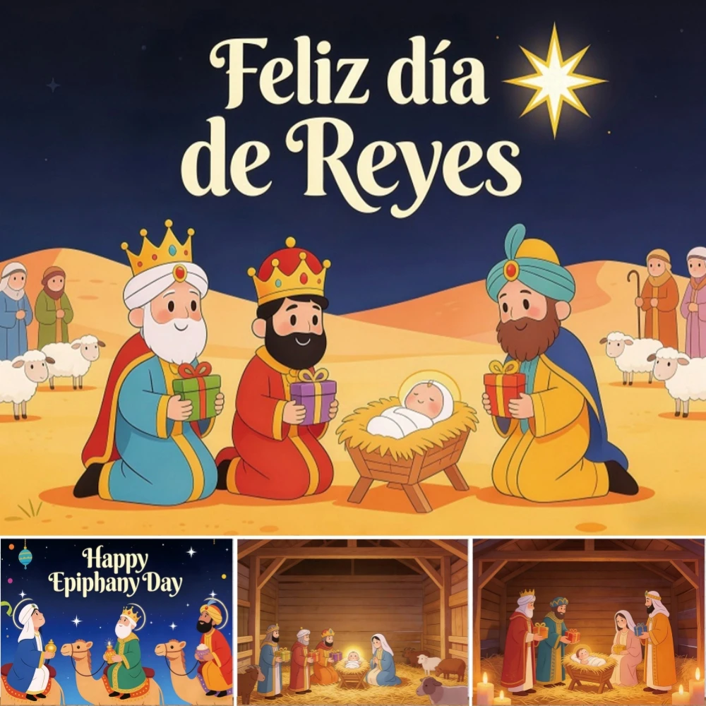 

Happy Three Kings Day Photo Backdrop Spanish Children's Day Epiphany Coal Jesus Holy Baby King Cake Christian Holiday Background