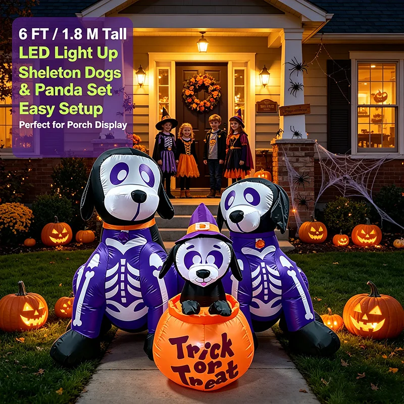 6FT Inflatable Halloween Skeleton Dog with Pumpkin & LED Lights Yard Decor Outdoor Blow Up Ornament