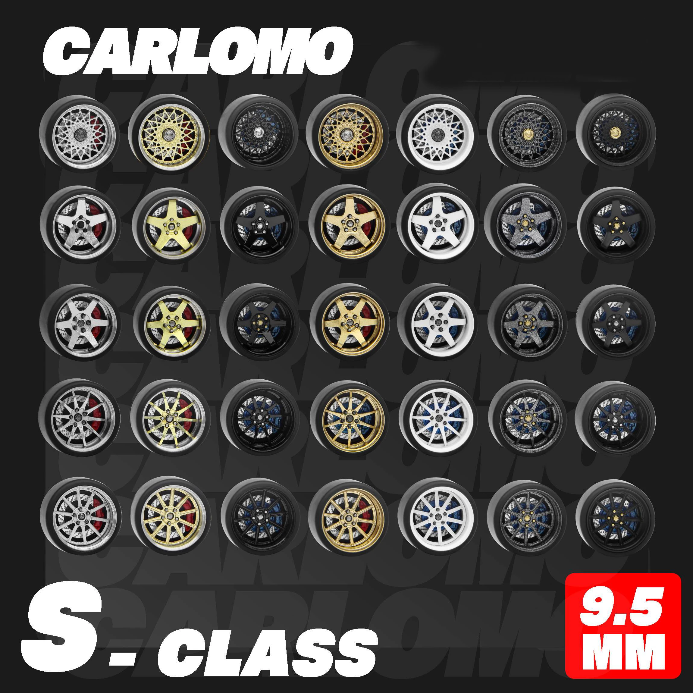 Carlomo S-Class 1/64 Alloy Wheels Rubber Tires with Brake Disc Assembly Rims for Model Diecast Car for Hot Wheels Detail up Kits