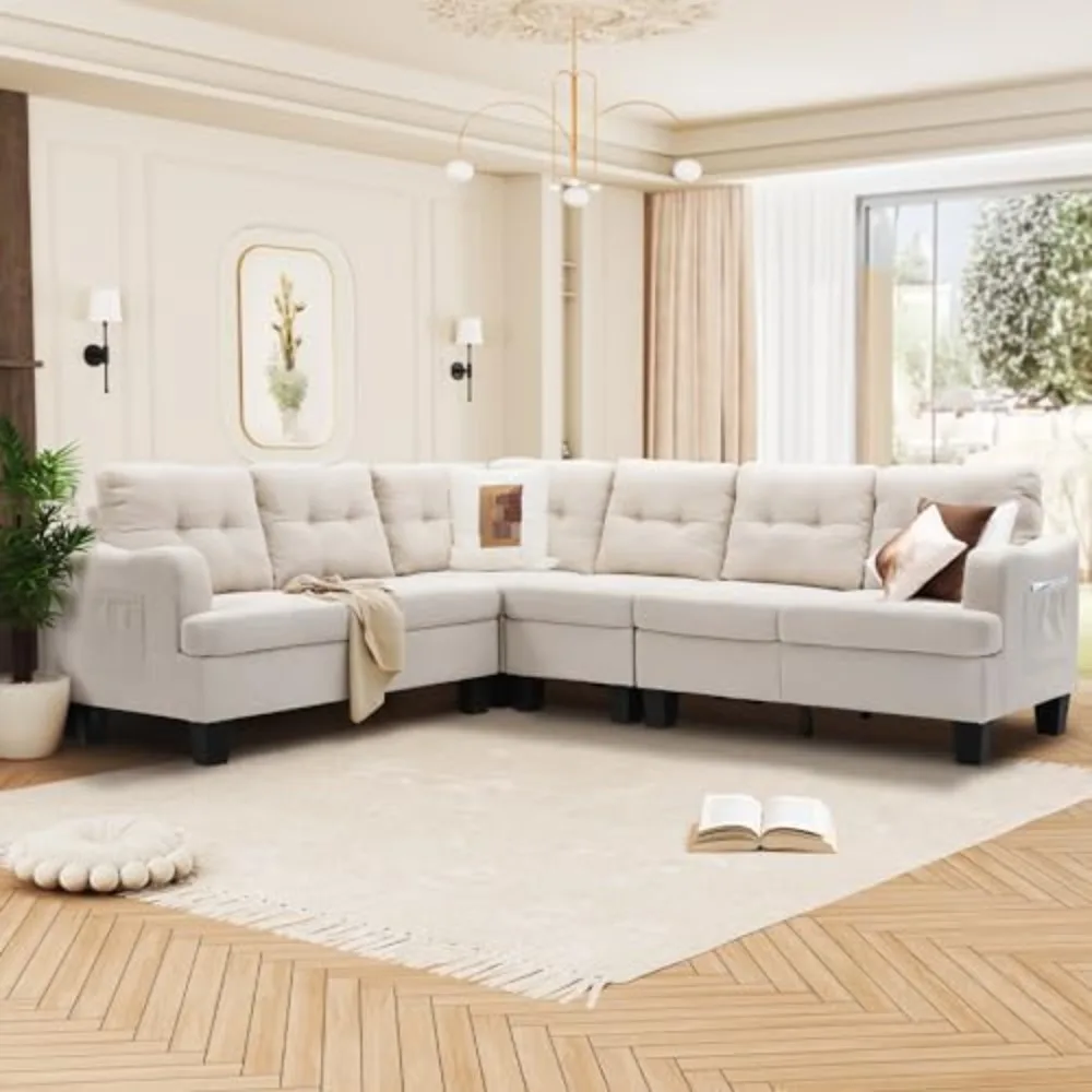 6 L-shaped Sofas with Solid Wood Frame and Thick Legs, Modern White Modular Combination Sofa, Polyester Fabric Large Sofa Bed