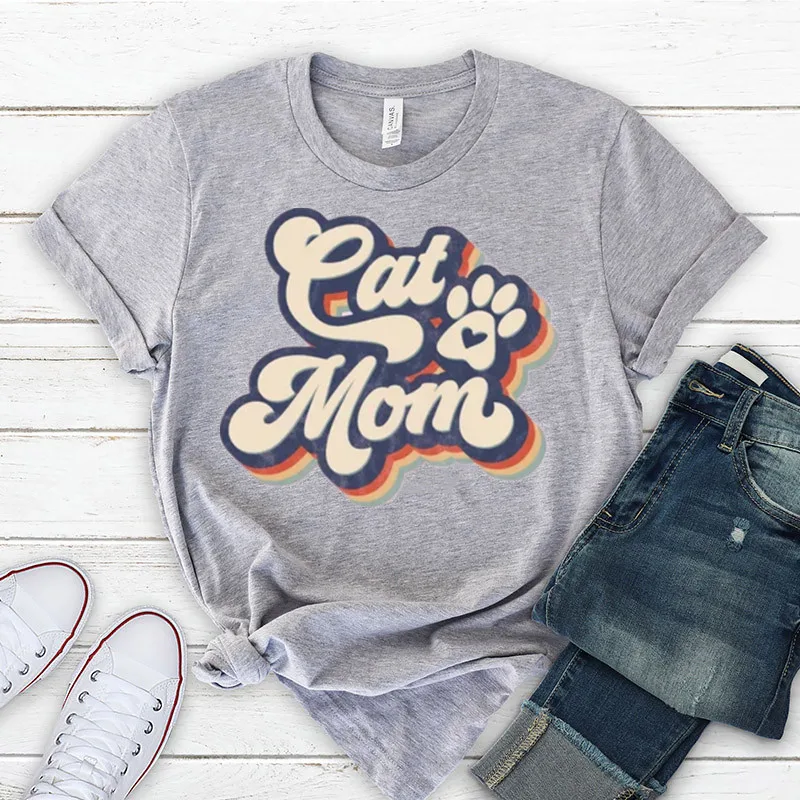 Retro Cat Mom Shirt  Cat Mama Women 100% Cotton Kawaii Fashion Shirt  O Neck graphic Mama T-shirt Short Sleeve Top Tees Unisex