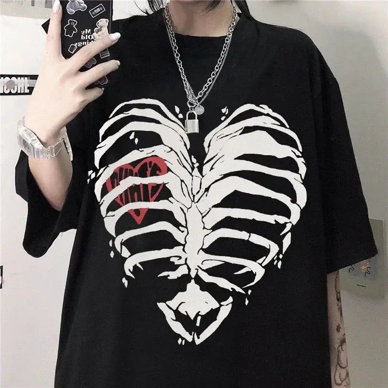 Harajuku Y2K Top Retro Korean Style T Shirts Black Demon Punk Gothic Tops  Anime Print Casual Loose T-Shirt Rock Clothes Unisex