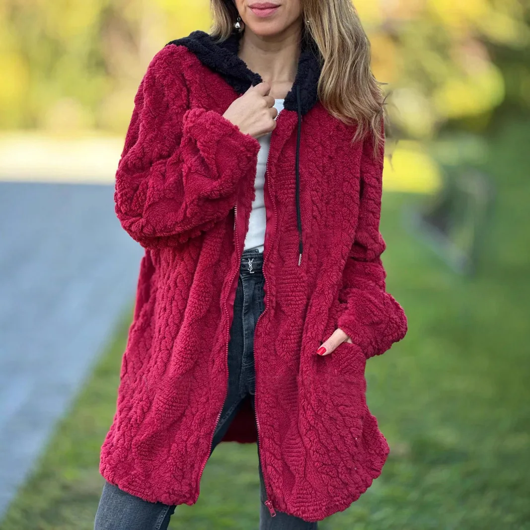 

2025 Autumn/Winter New Women's Casual Hoodie Solid Color Hairy Zipper Long Sleeve Coat for Women