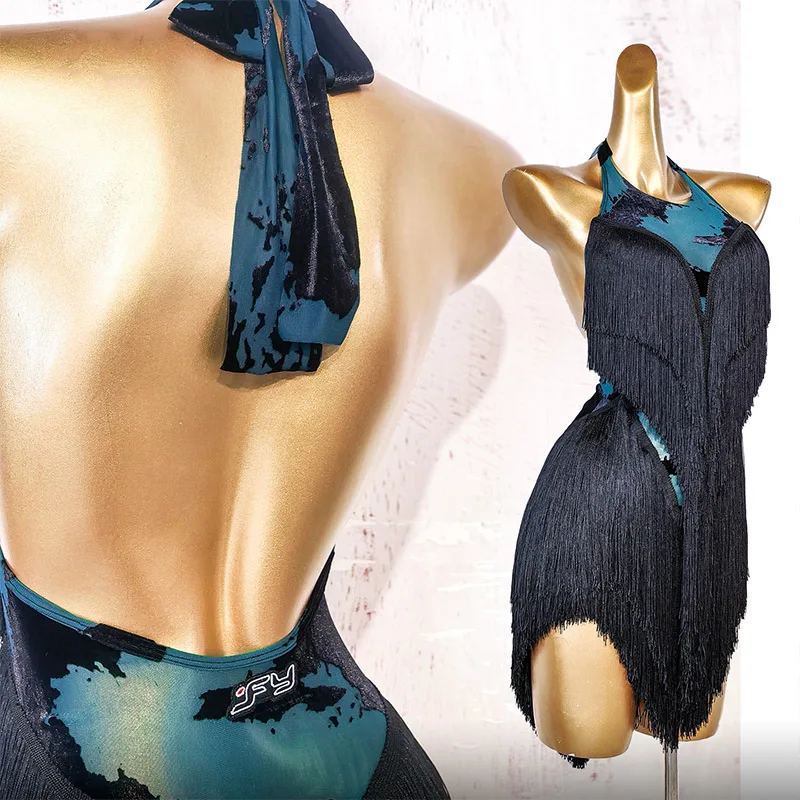 ชุดเดรสเต้นลาตินสีดำแบบเซ็กซี่ประดับพู่สำหรับผู้หญิง ชุดแสดงแบบผูกคอ ซัมบ้า ซัลซ่า ชะชะ ชุดเต้นรำลาติน VDL4780