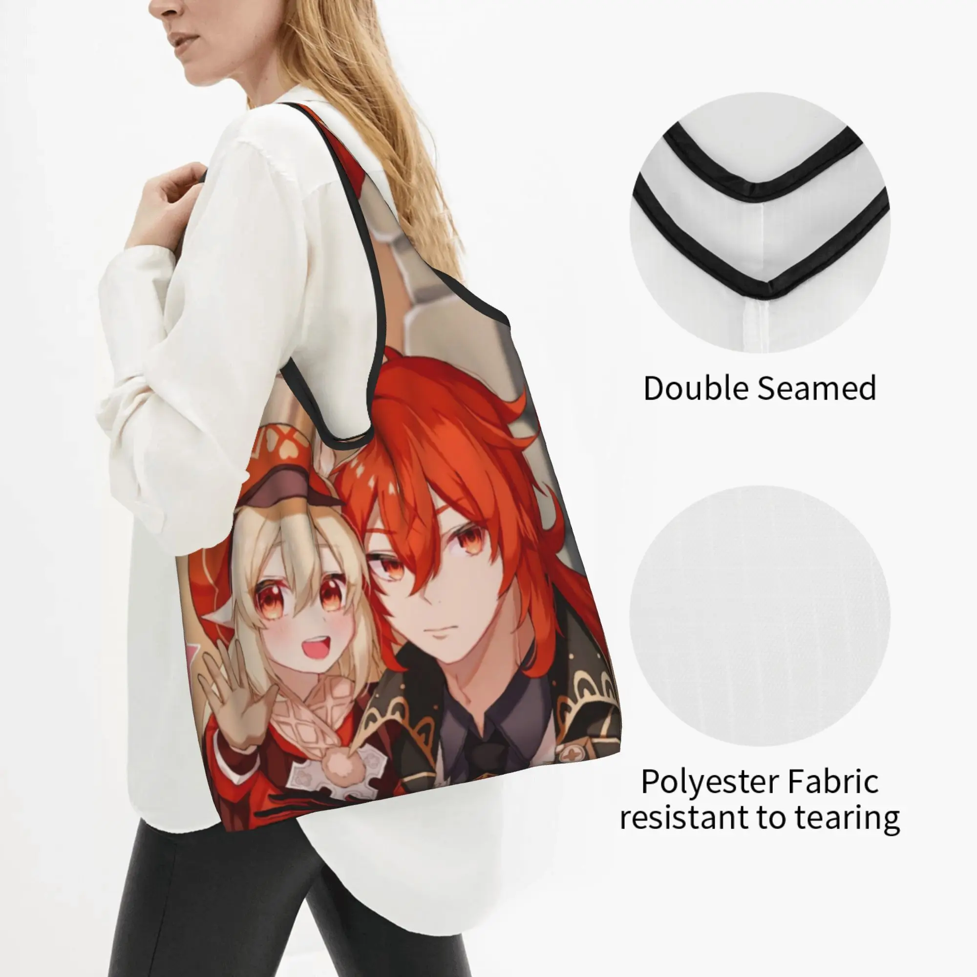 Kawaii Print Anime Genshin Impact Shopping Tote Bag Portable Shoulder Shopper Manga Kawaii  Handbag