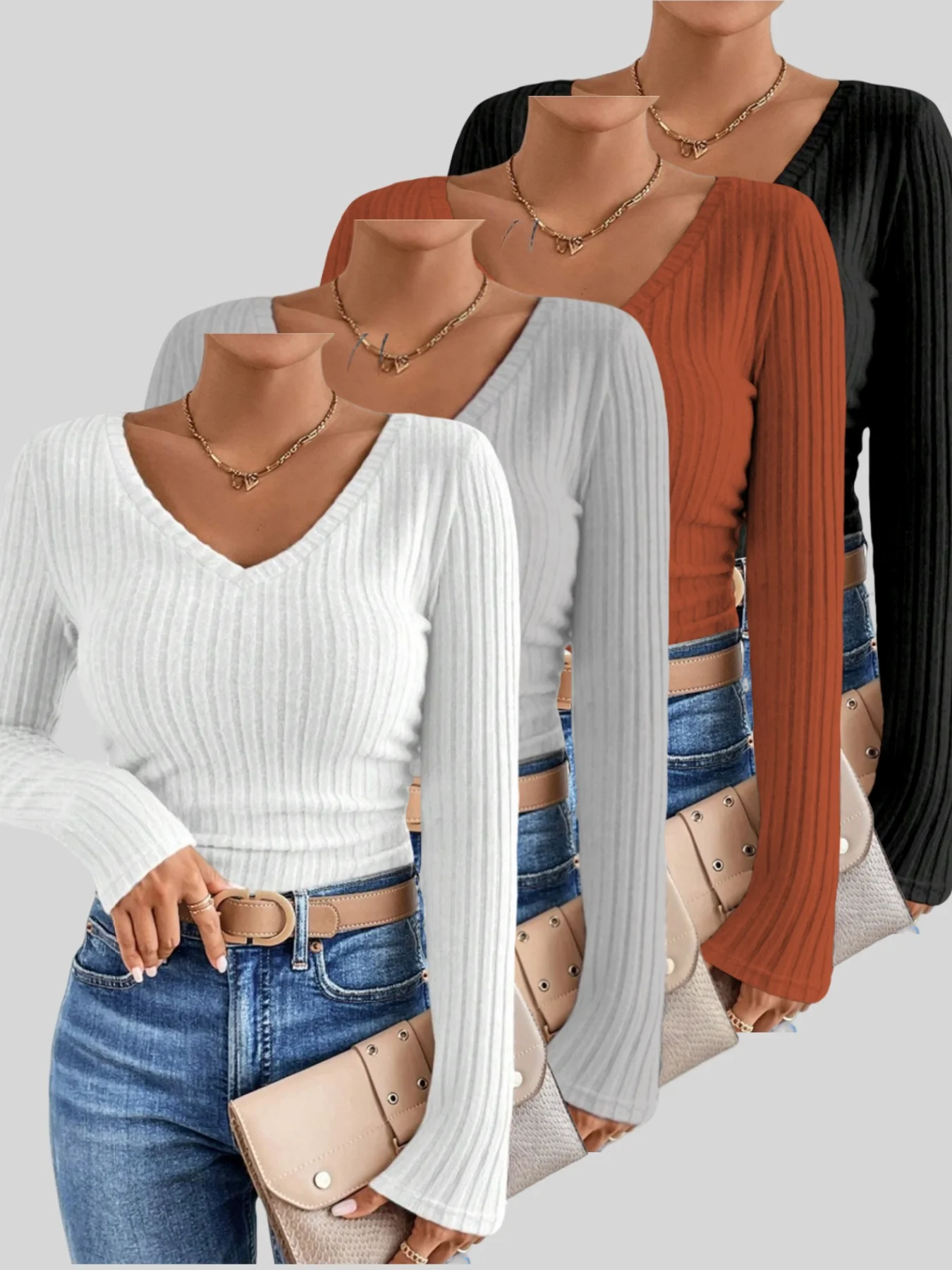Women 4 Pack V Neck Ribbed Knit Flare Long Sleeve Top Slim Fit Solid Basic Casual Daily Going Out Fitted Knitwear Multi Pack Top