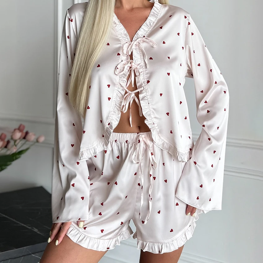 

Hiloc Autumn Cute Satin Heart Print Shorts Sets Pajamas Casual Ruffles Long Sleeve Blouse With Wide Leg Shorts 2 Piece Home Suit