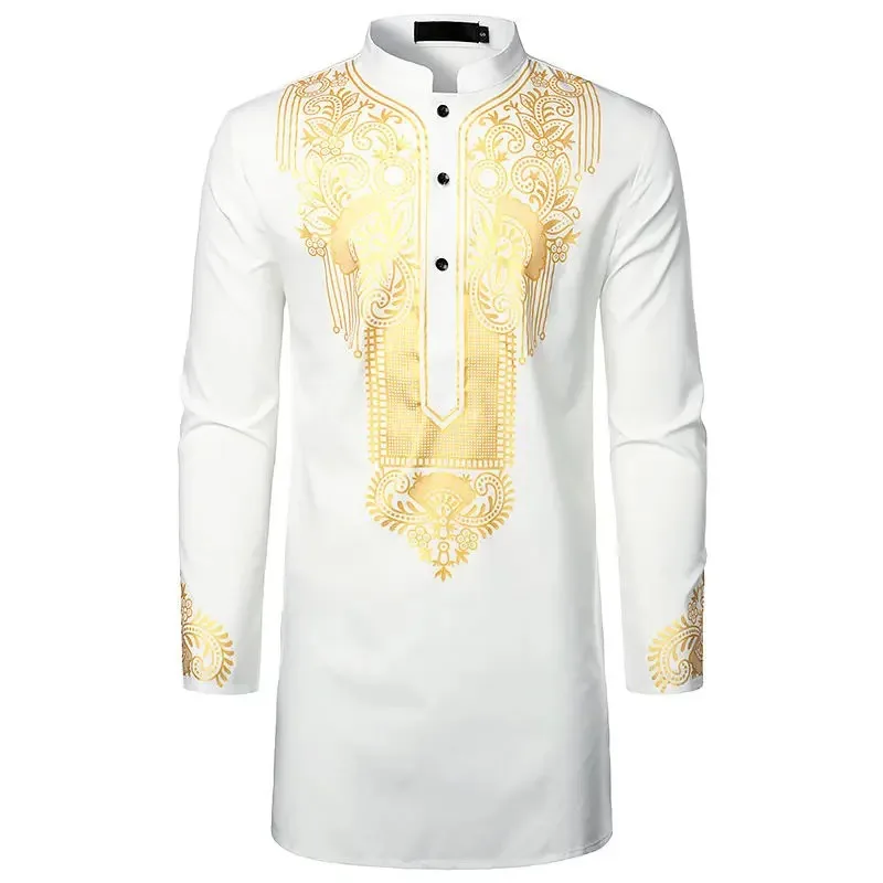

Men's Casual Fashion Hot Stamping Pullover Shirt, Men's Prayer Clothing, African Style Golden Yellow Printed Men's Shirt