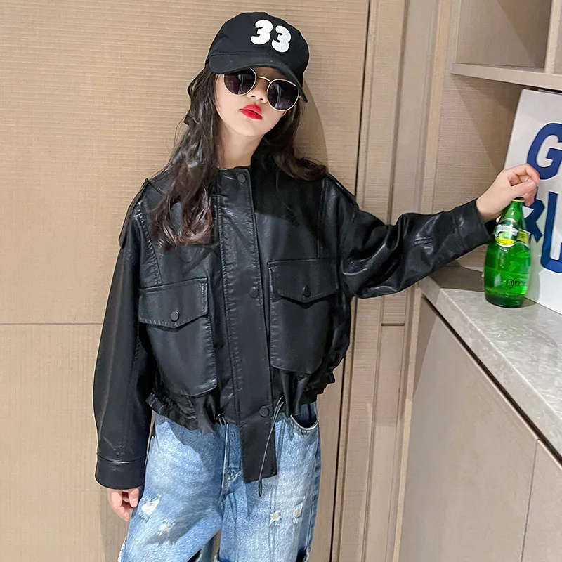 Girls Leather Jacket Autumn Trendy Cool Teenage Kids PU Outerwear Black Casual All-match Streetwear Kids Coats 10 12 13 14 Years