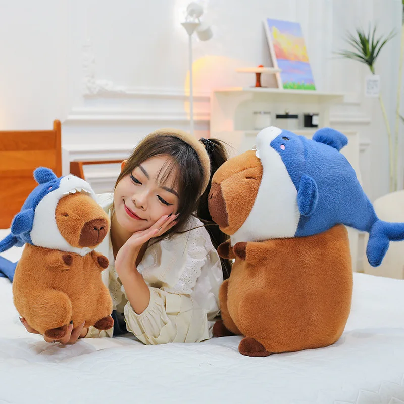 Kawaii Shark Capybara Plush Toy Stuffed Doll for Kids Birthday Xmas Gift Soft Cuddly Animal Plushie Wholesale New Arrival Cute