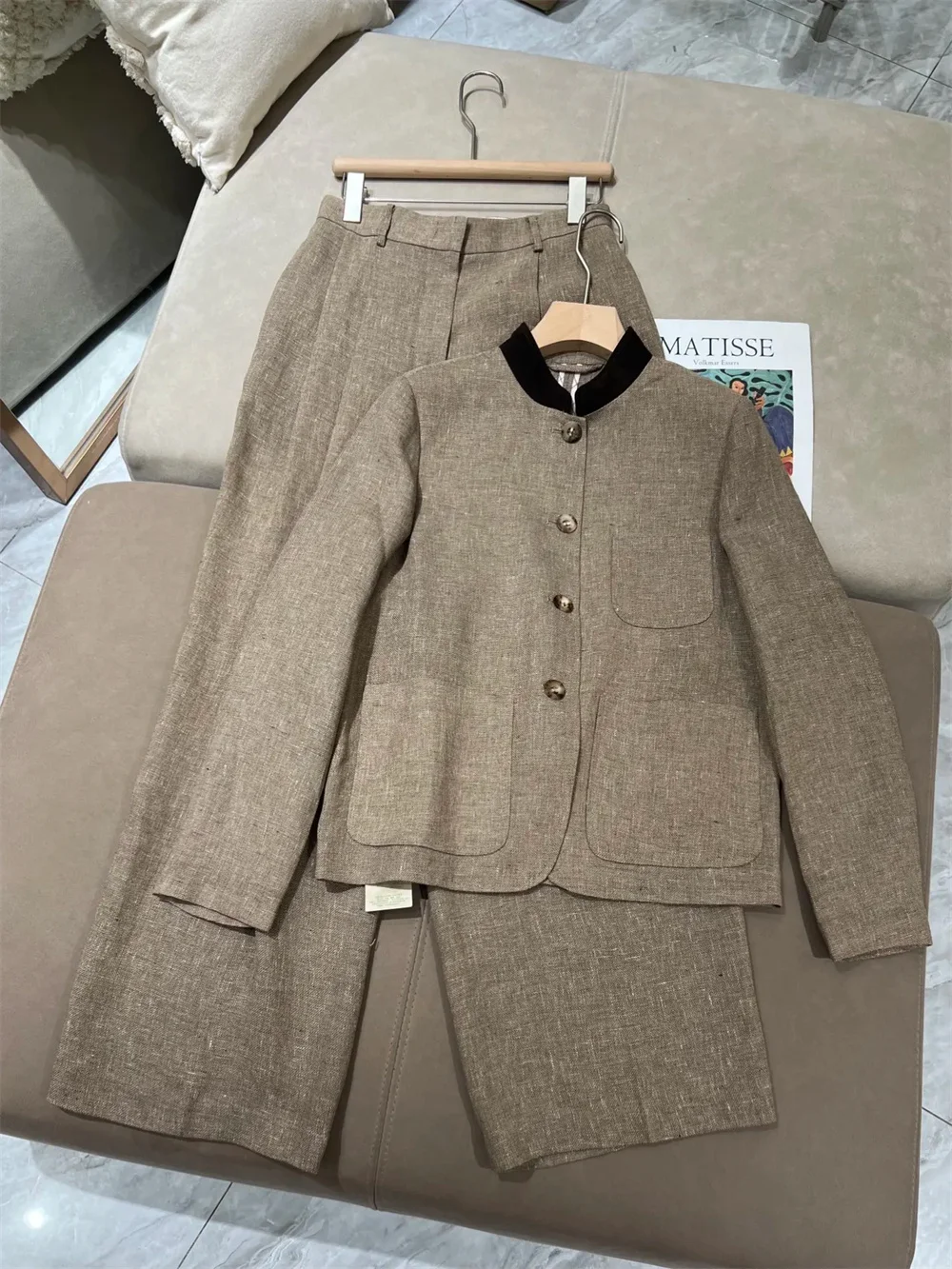 Women's Two-piece Set Single-Breasted 100 Linen Jacket Paired With High-Waisted Trousers Suit