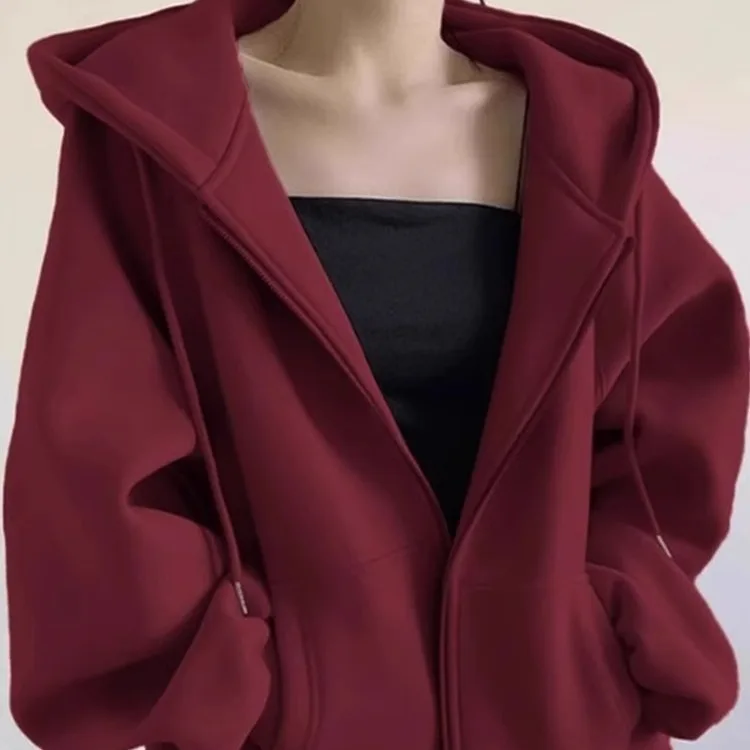 

Solid Color Cardigan Hoodie Jacket for Women in Autumn and Winter 2025 with Plush Retro Lazy Style Hooded Loose Top