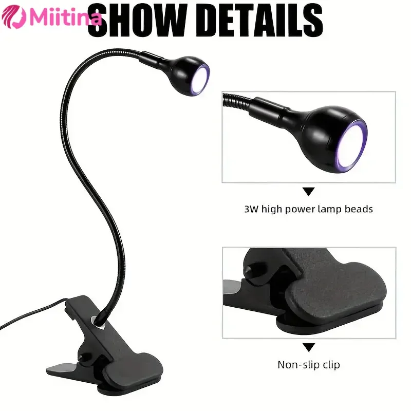 LED Desk Night Light Goose Neck Nail Art Lamp UV Curing Purple Light Lamp USB Clip Lamp, Dormitory Light Nails Travel masajeador