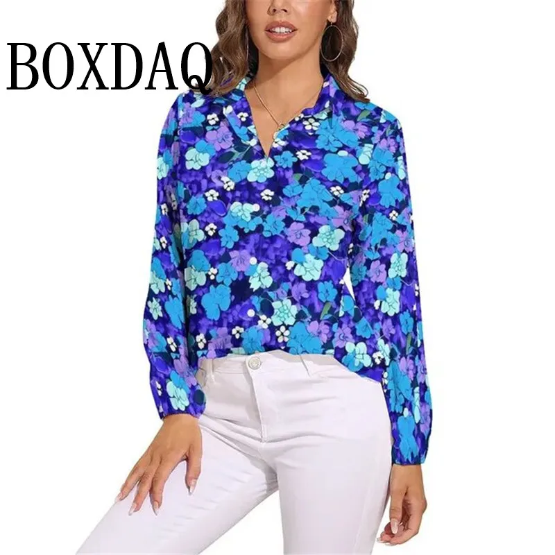 Blue Flower Blouse Orange Floral Print Retro Printed Blouses Women Street Fashion Shirt Autumn Casual Long-Sleeve Lapel Top 2024