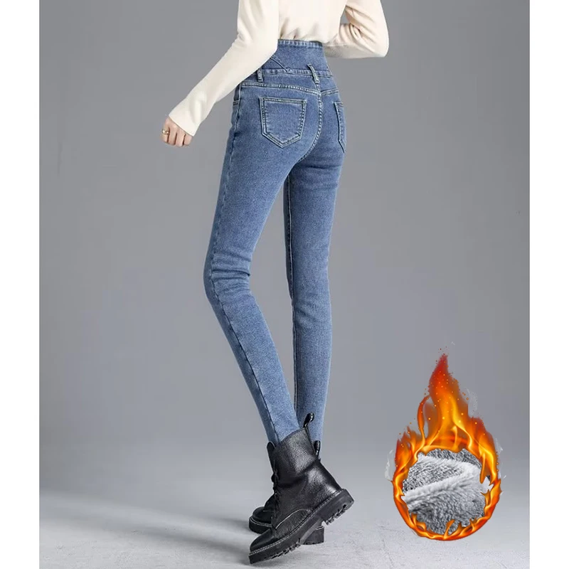 2025 الشتاء الفتيات الصوف الحراري الجينز سيدة الثلوج الدافئة عالية الخصر سراويل جينز المرأة الكلاسيكية موضة أفخم السراويل